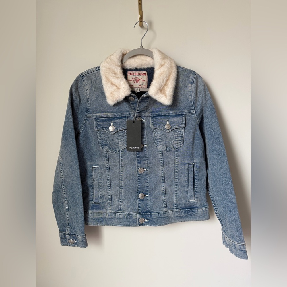 True religion Denim Jacket with white Faux Fur Collar